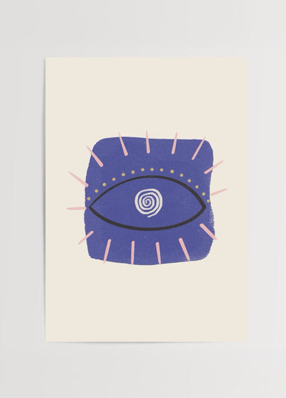 Modern poster print featuring a stylized eye design in blue.