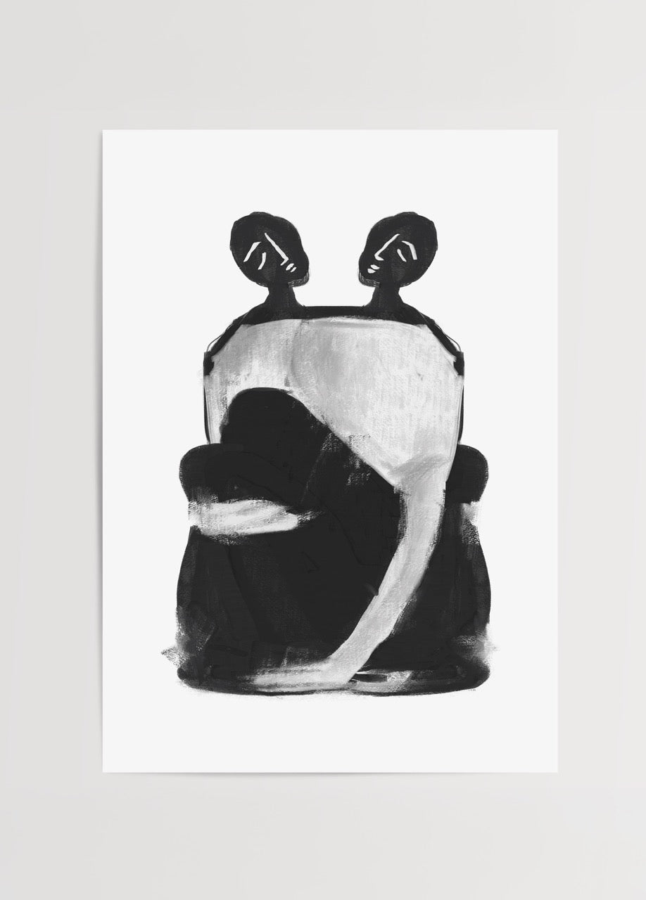 Abstract black and white poster featuring a dual silhouette design.