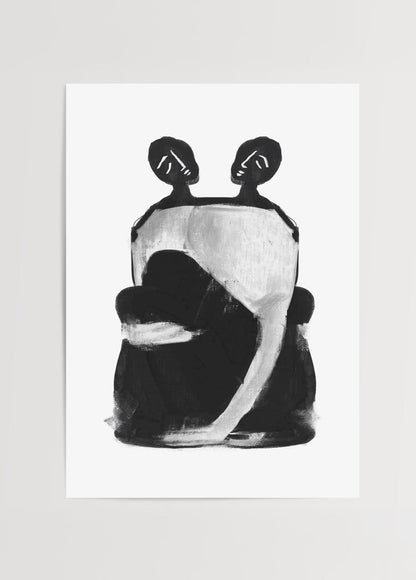 Abstract black and white poster featuring a dual silhouette design.