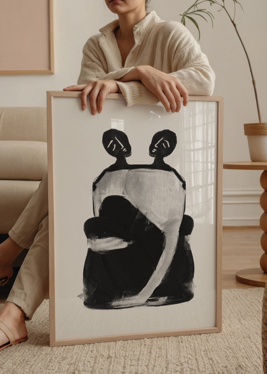 Abstract black and white poster featuring a dual silhouette design.