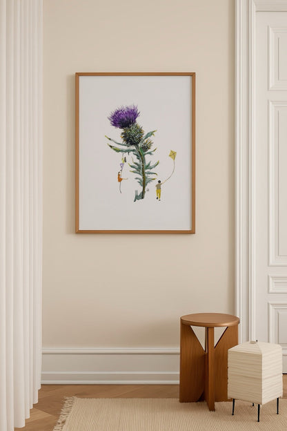 Illustration of a thistle with whimsical figures playing around it, perfect for wall art.