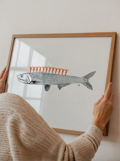 Anchovy Poster Print featuring a whimsical anchovy with vibrant figures, ideal for contemporary wall art.