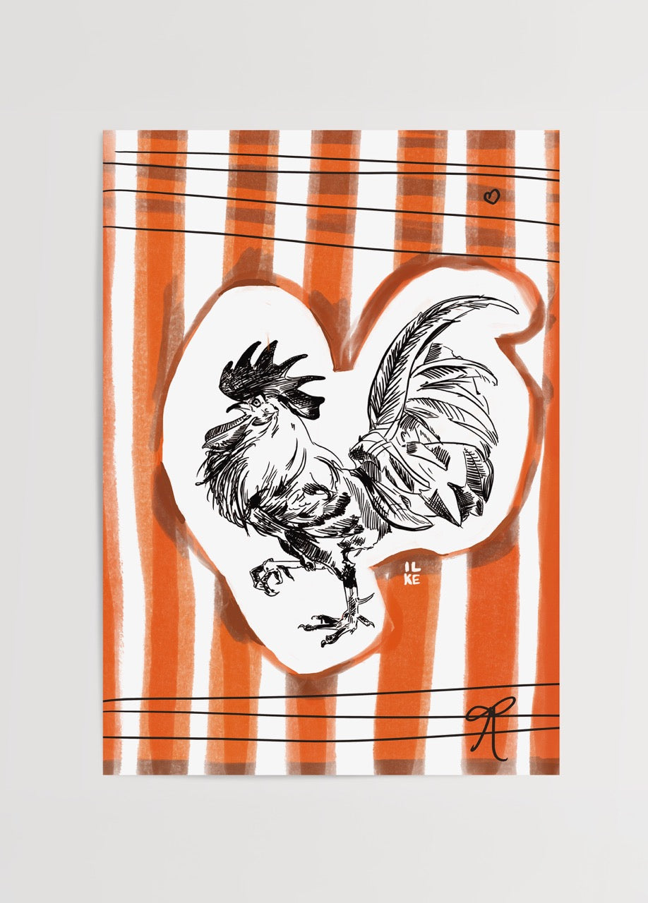 Timetable Poster Print featuring a rooster illustration on a striped background
