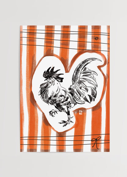 Timetable Poster Print featuring a rooster illustration on a striped background