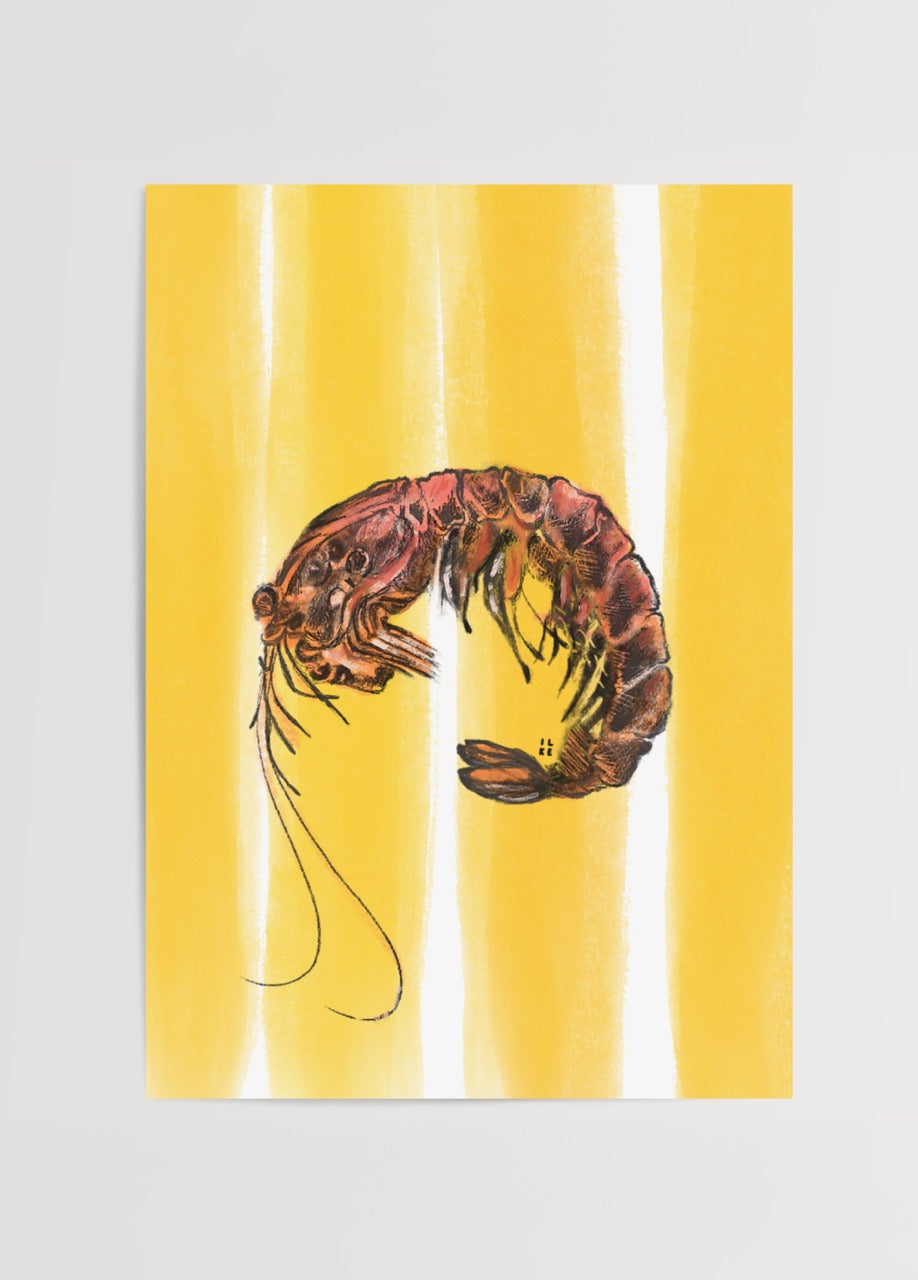 Vibrant prawn illustration on a yellow background, perfect for wall art.