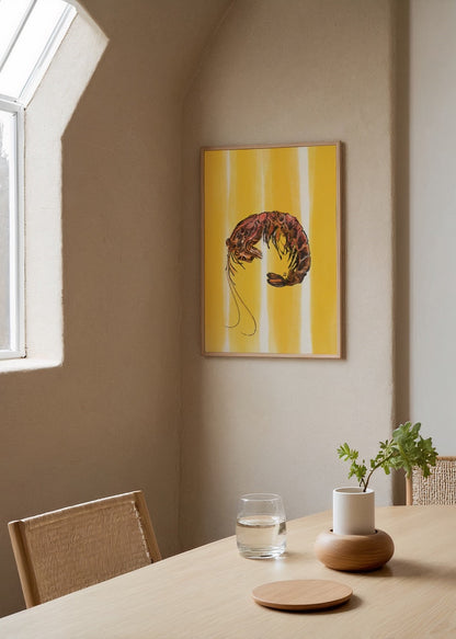 Vibrant prawn illustration on a yellow background, perfect for wall art.