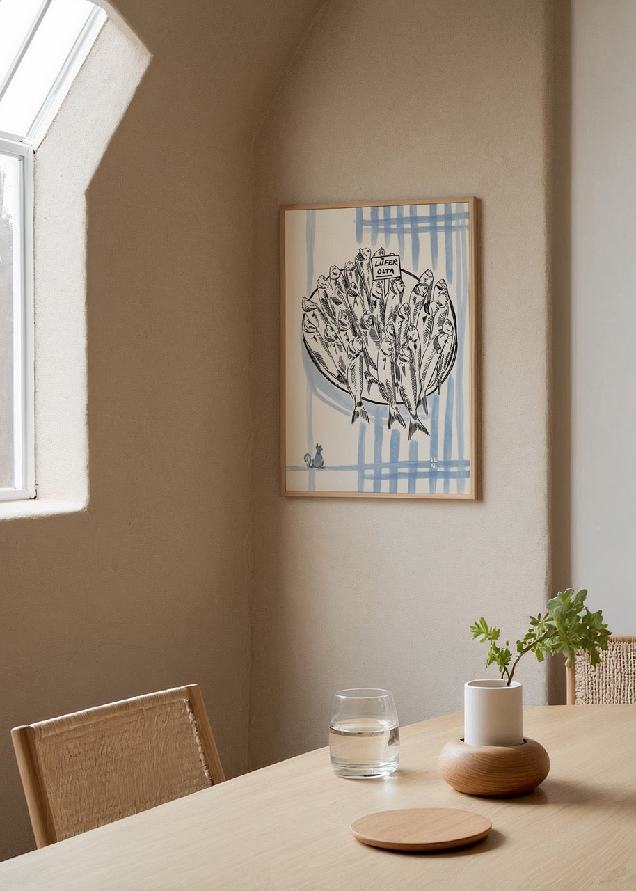 Illustration of sardines in a plate with blue stripes, perfect for kitchen decor.