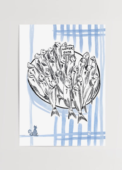 Illustration of sardines in a plate with blue stripes, perfect for kitchen decor.