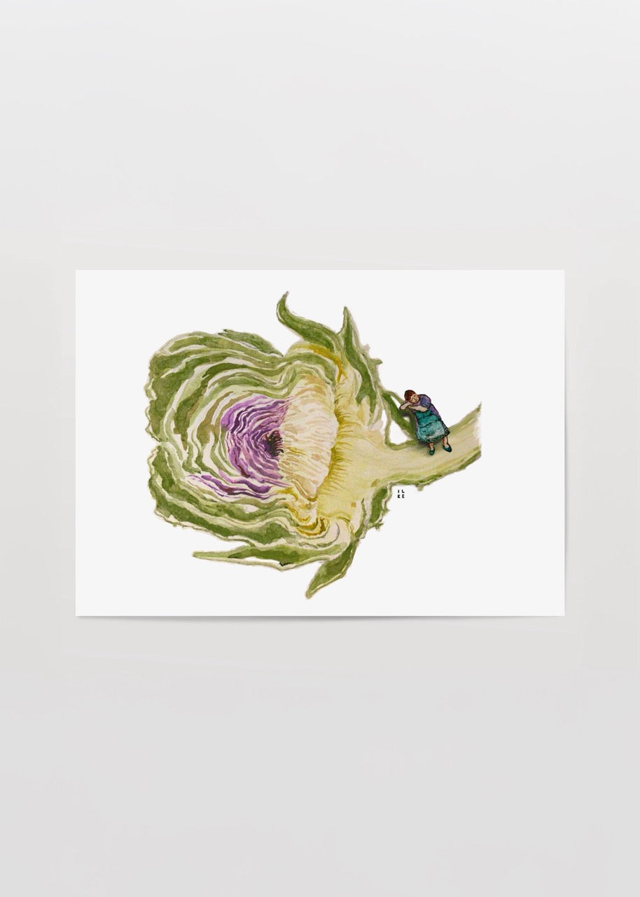 Whimsical floral artwork featuring a vibrant flower with a tiny figure, perfect for wall decor.
