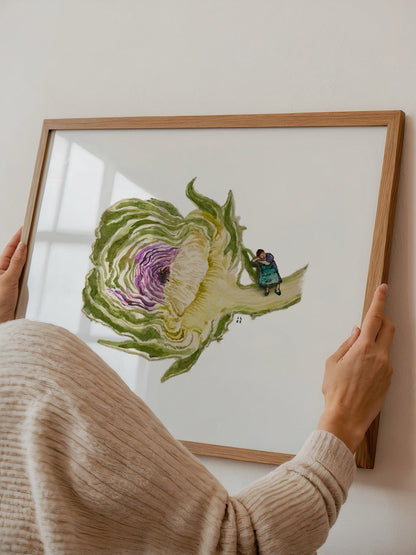 Whimsical floral artwork featuring a vibrant flower with a tiny figure, perfect for wall decor.