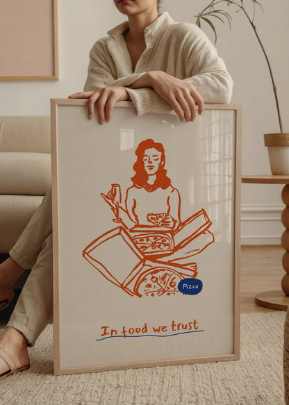 Illustrative poster featuring a woman enjoying pizza with the text &