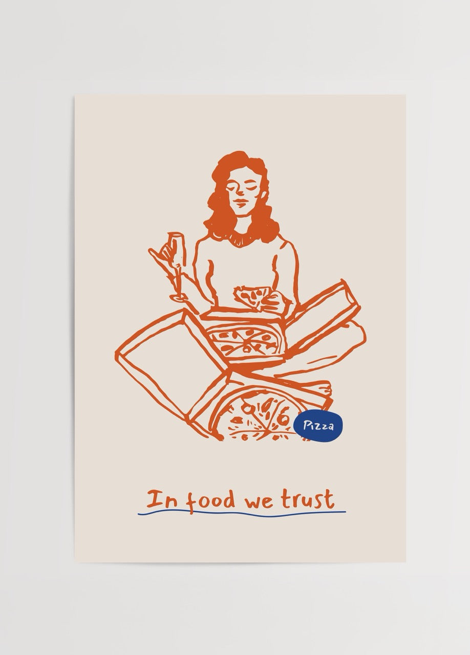 Illustrative poster featuring a woman enjoying pizza with the text &