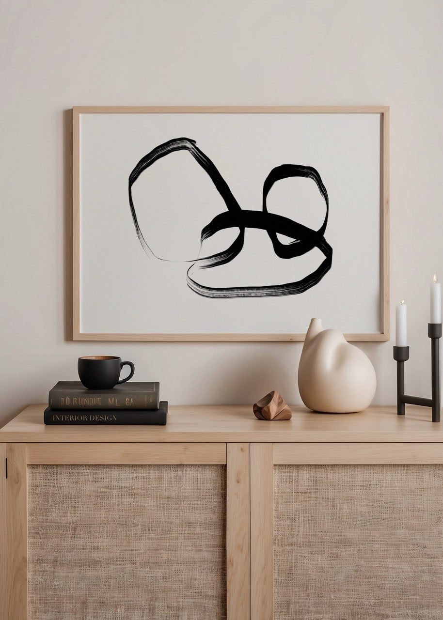 Fluid Dynamics Abstract Print featuring flowing black lines on a white background.