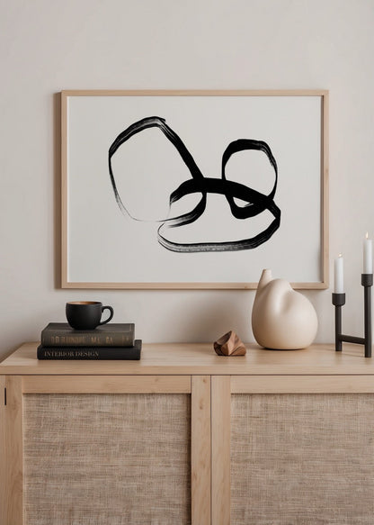 Fluid Dynamics Abstract Print featuring flowing black lines on a white background.