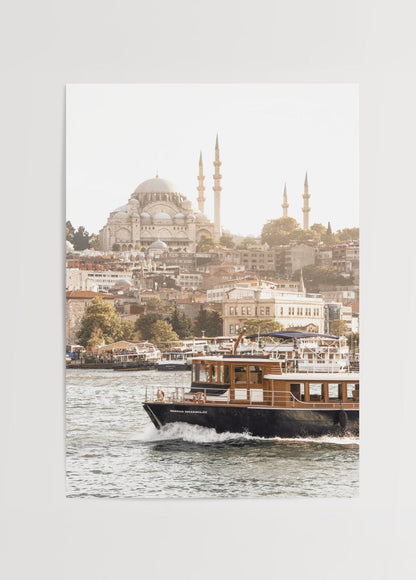 Artwork depicting the Bosphorus with Süleymaniye Mosque in the background.