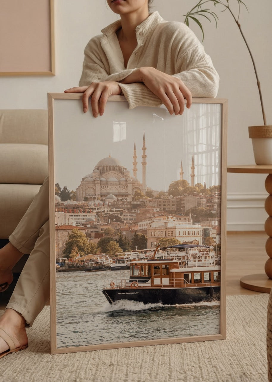 Artwork depicting the Bosphorus with Süleymaniye Mosque in the background.