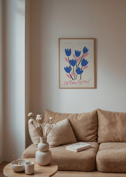 Abstract floral print featuring blue blooms and pink leaves, inspired by Istanbul.