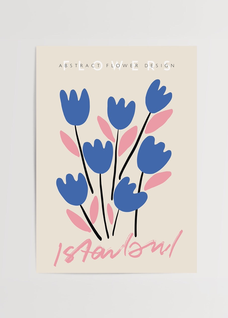 Abstract floral print featuring blue blooms and pink leaves, inspired by Istanbul.