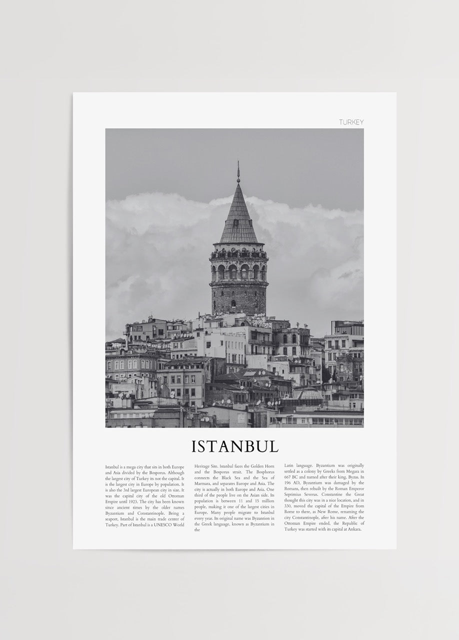Black and white artwork of Galata Tower in Istanbul