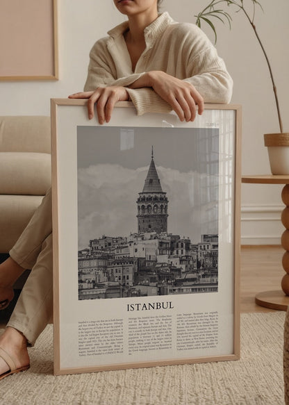 Black and white artwork of Galata Tower in Istanbul