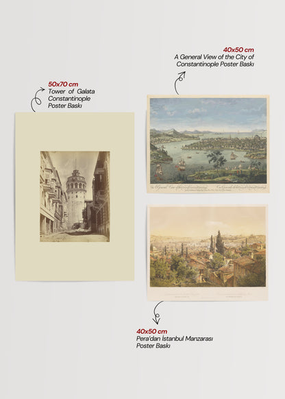 Triptych poster set showcasing vintage Istanbul cityscapes.