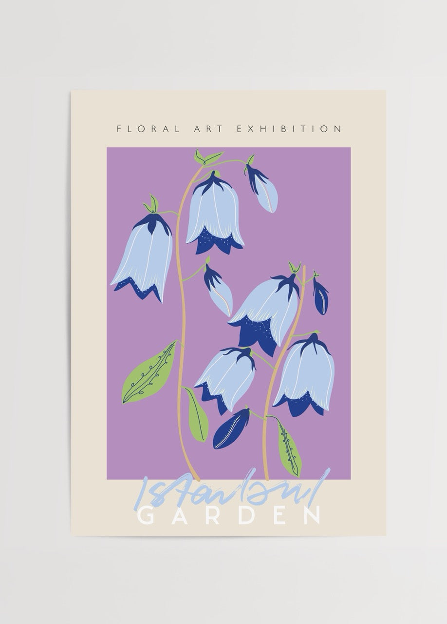 Floral art print featuring blue flowers on a purple background.