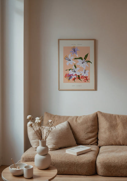 Peach Blossom Elegance Poster featuring lilac flowers on peach background