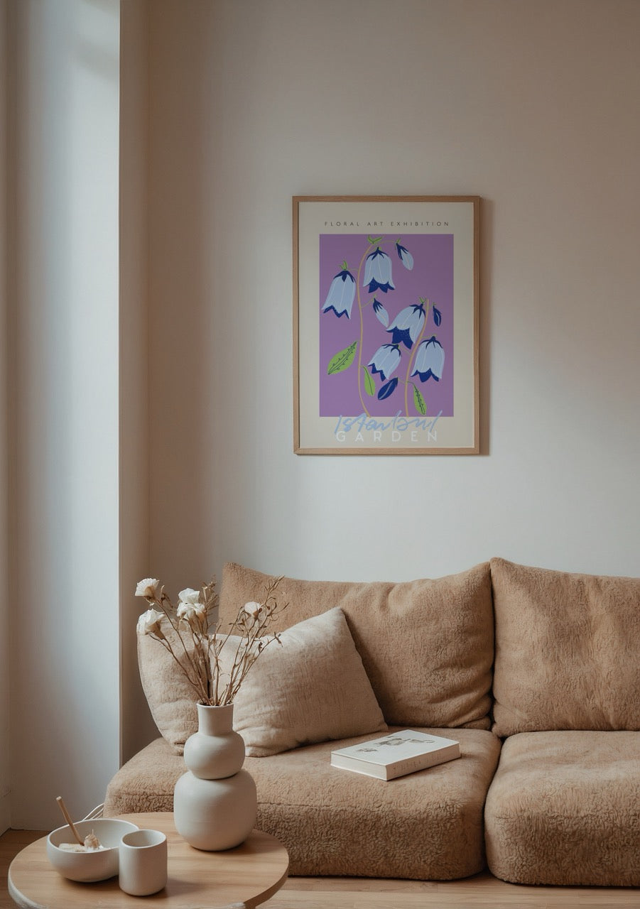 Floral art print featuring blue flowers on a purple background.