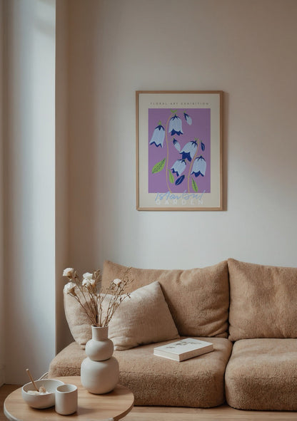 Floral art print featuring blue flowers on a purple background.