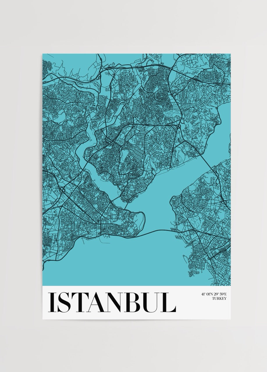 Istanbul urban map art print featuring intricate black linework on a turquoise background.