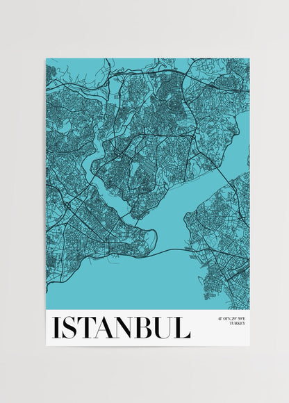 Istanbul urban map art print featuring intricate black linework on a turquoise background.