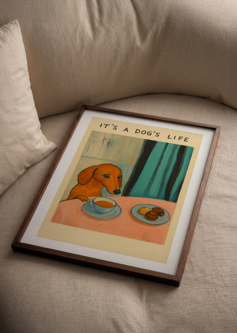 Charming illustration of a dog enjoying a cup of tea and pastries.