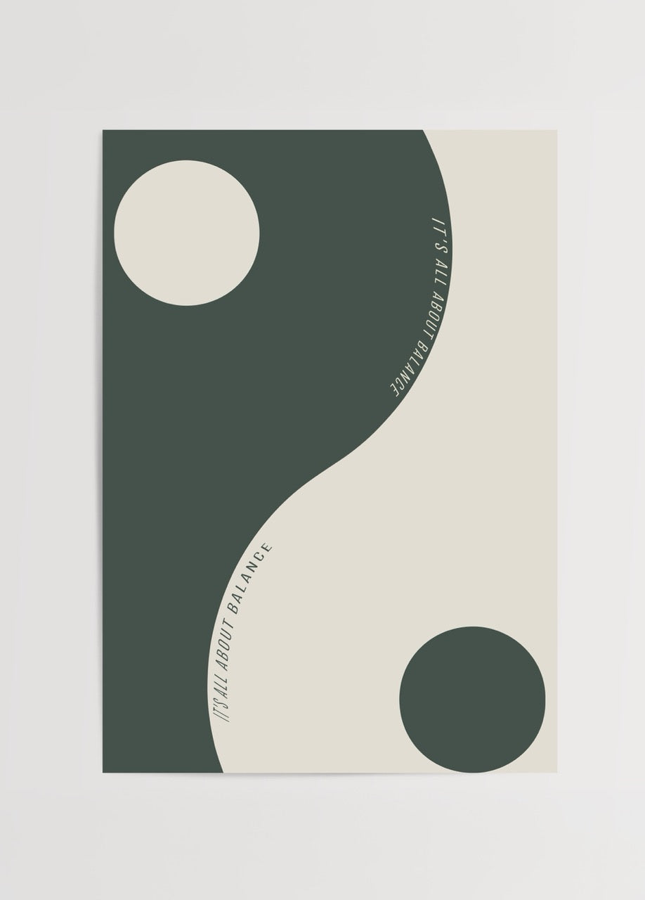 It’s All About Balance Poster Baskı featuring a minimalist design with green and beige tones.