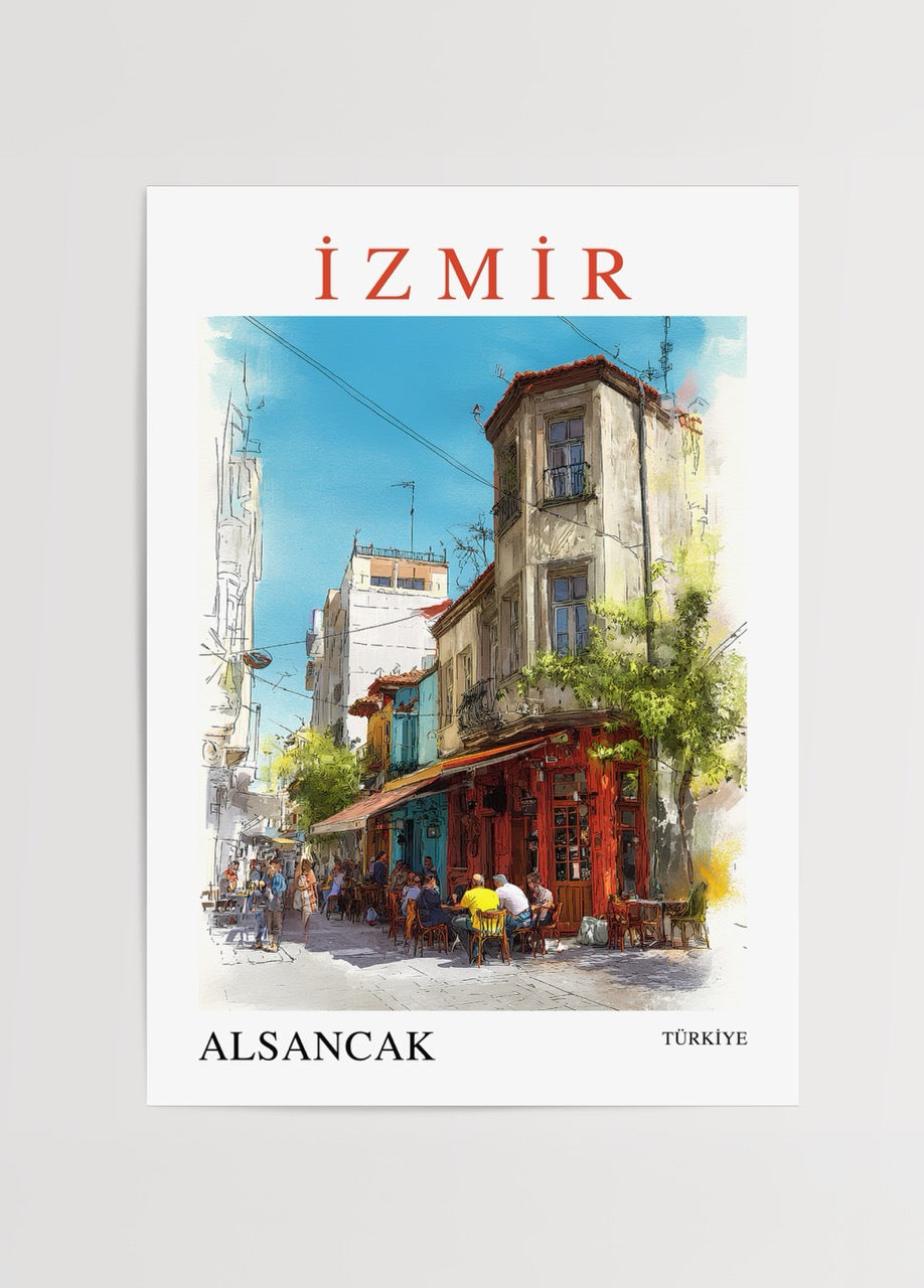 A vibrant poster depicting Alsancak, Izmir with lively street scenes and architecture.