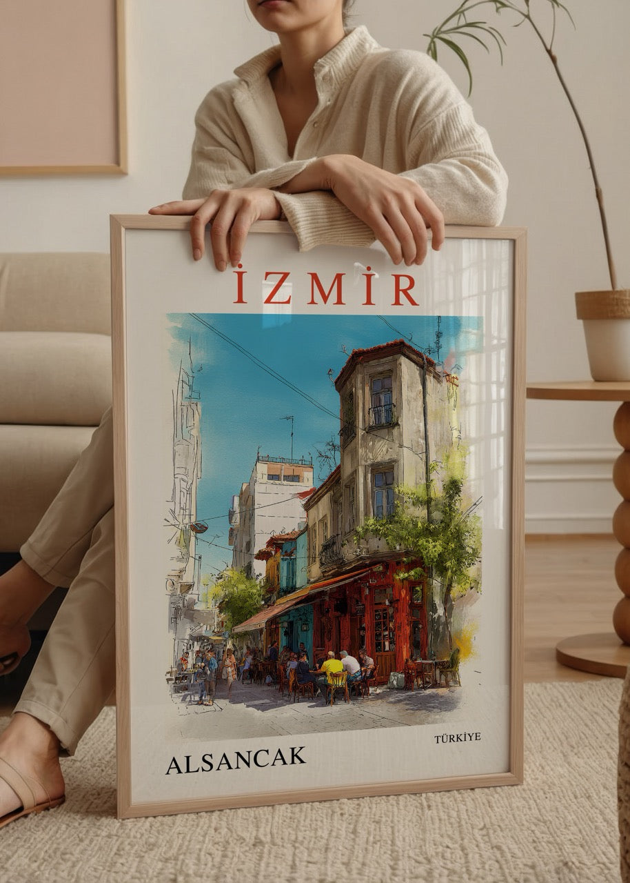 A vibrant poster depicting Alsancak, Izmir with lively street scenes and architecture.