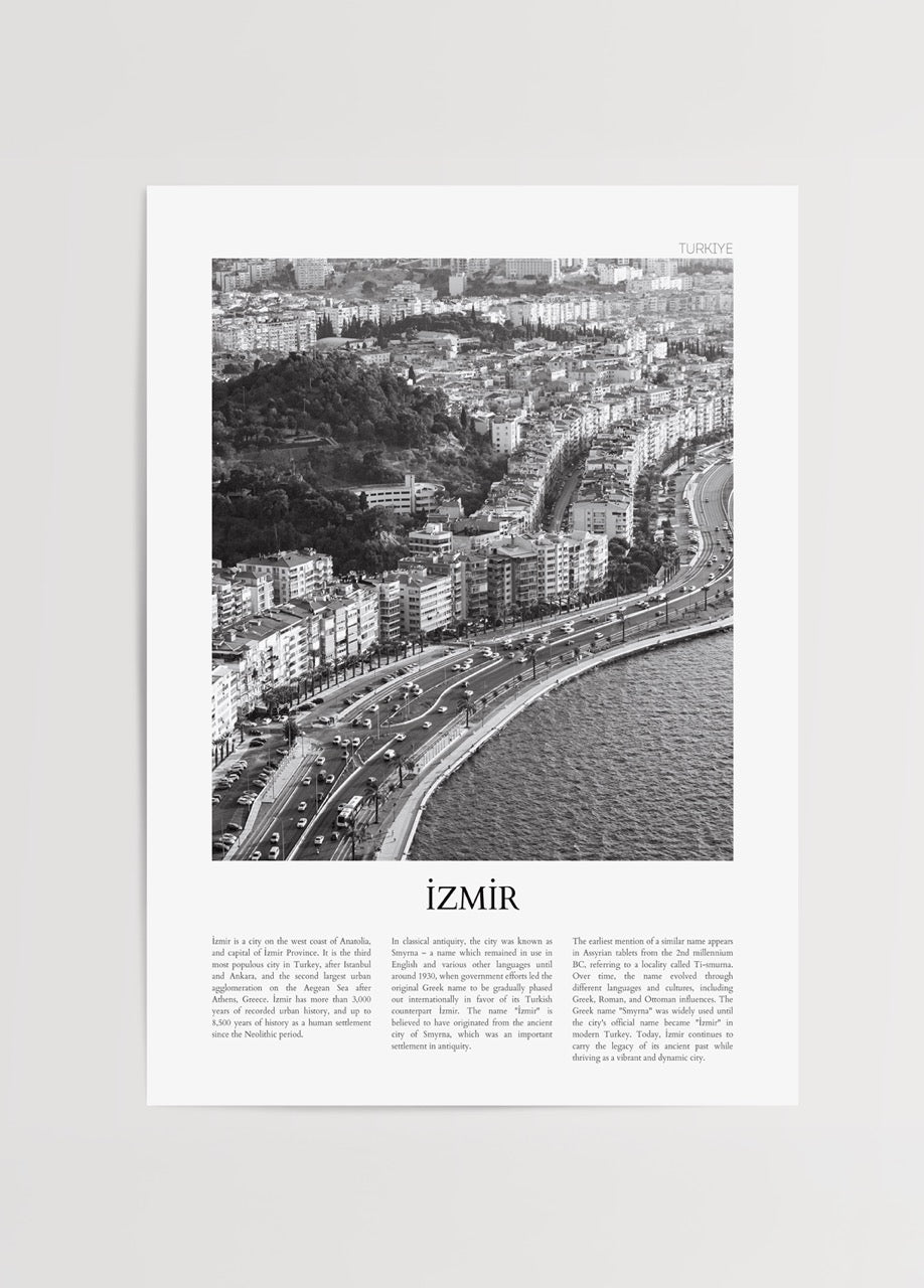 Monochromatic artwork of İzmir showcasing a coastal cityscape.