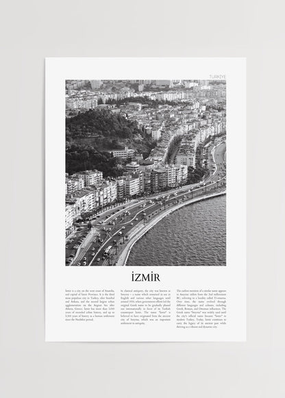 Monochromatic artwork of İzmir showcasing a coastal cityscape.