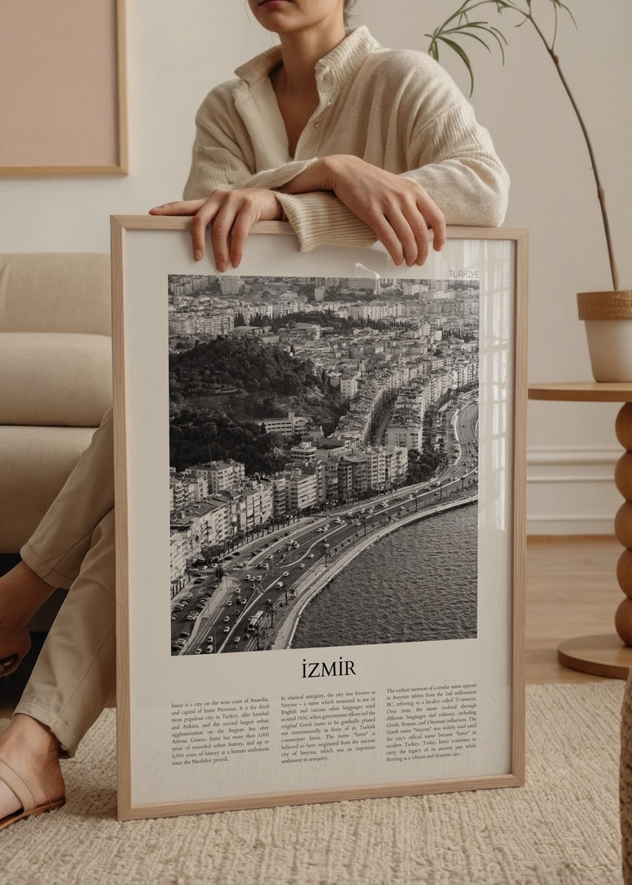 Monochromatic artwork of İzmir showcasing a coastal cityscape.