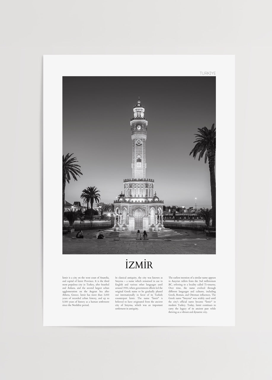 Monochrome artwork of İzmir Clock Tower, a city landmark.