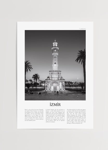 Monochrome artwork of İzmir Clock Tower, a city landmark.