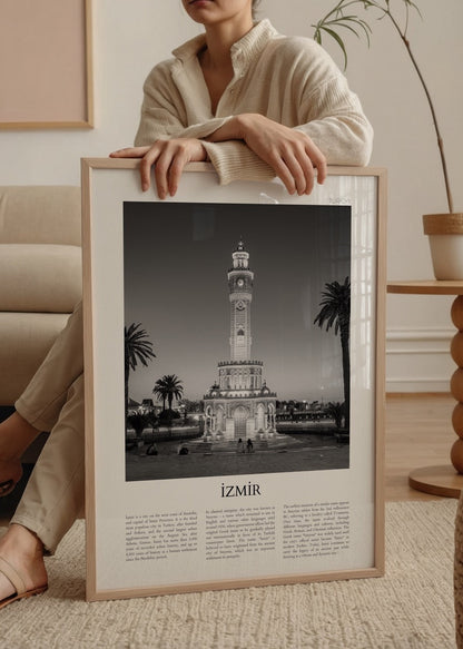 Monochrome artwork of İzmir Clock Tower, a city landmark.