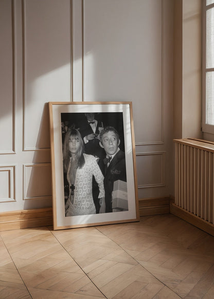 Vintage black and white photo art showcasing a stylish couple in elegant attire.
