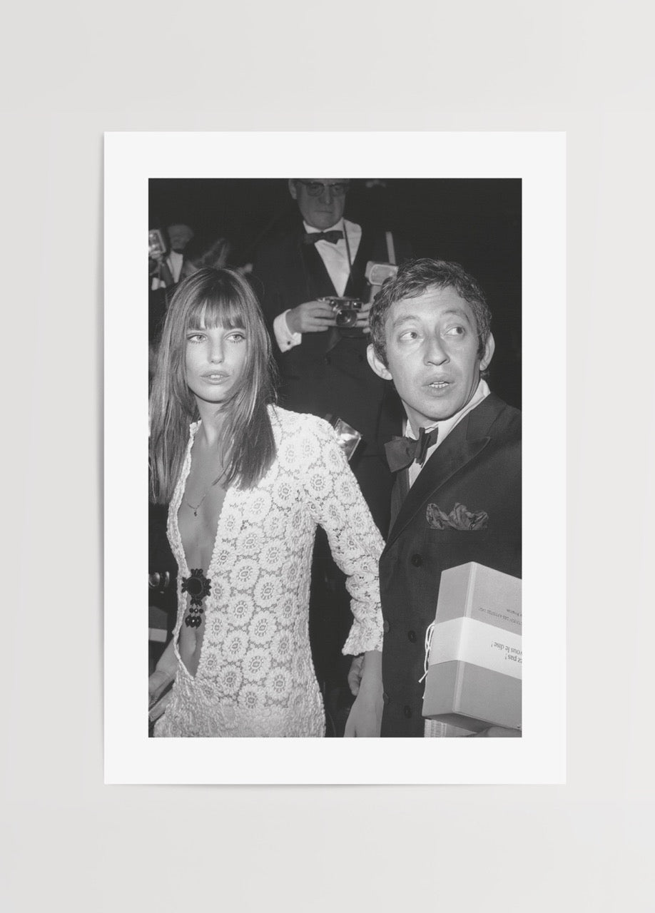 Vintage black and white photo art showcasing a stylish couple in elegant attire.