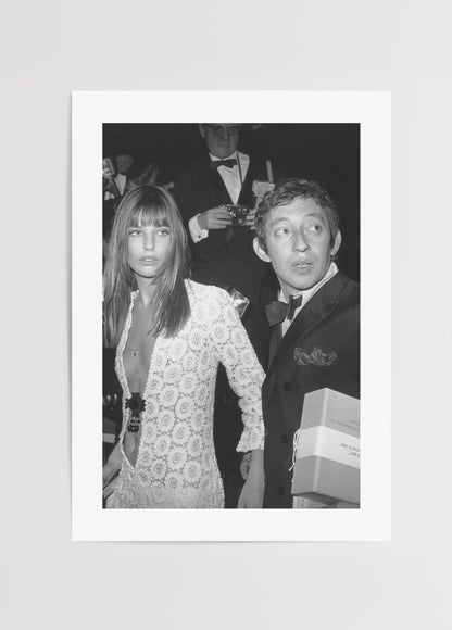 Vintage black and white photo art showcasing a stylish couple in elegant attire.