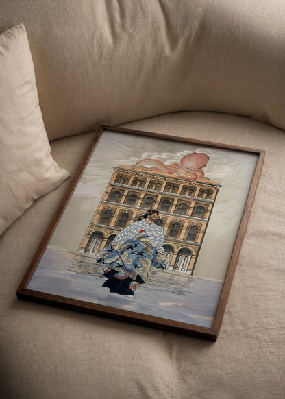 Japan Poster Printing featuring a woman in kimono with octopus backdrop
