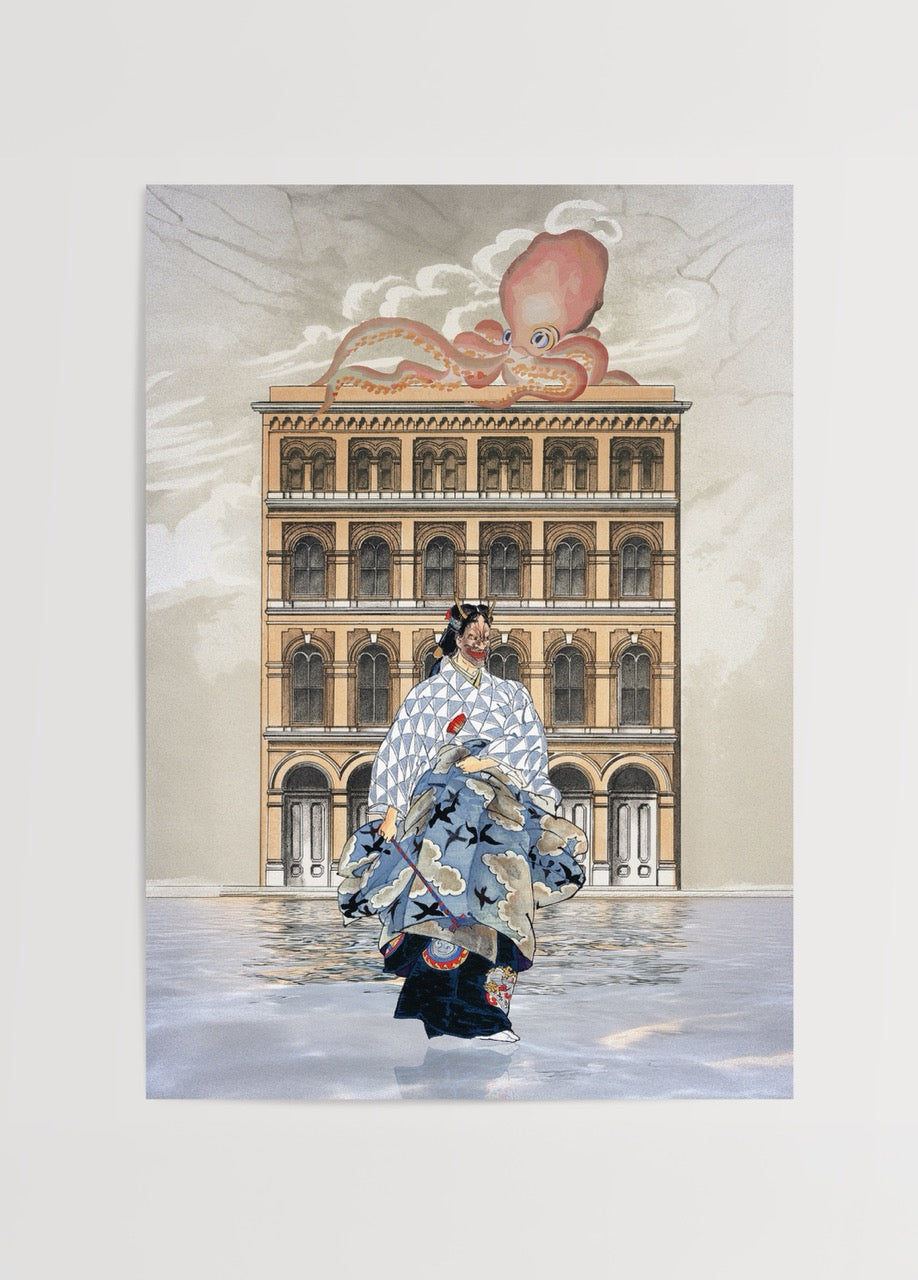 Japan Poster Printing featuring a woman in kimono with octopus backdrop