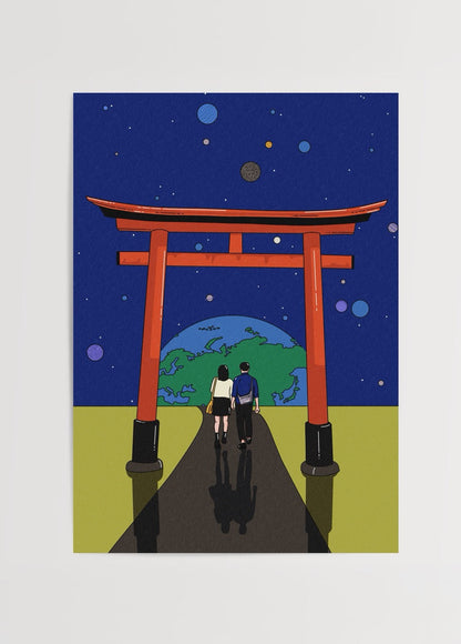 Japanese Torii Gate illustration poster print featuring vibrant colours.