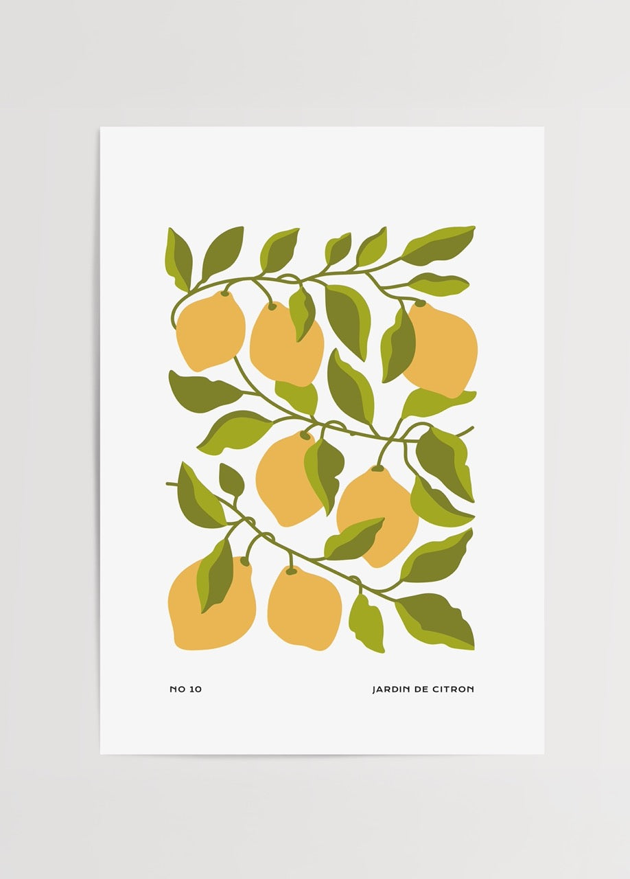 A vibrant lemon tree illustration with green leaves on a white background.