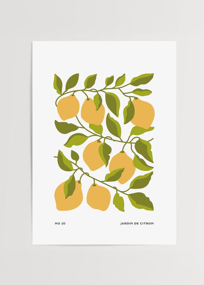 A vibrant lemon tree illustration with green leaves on a white background.
