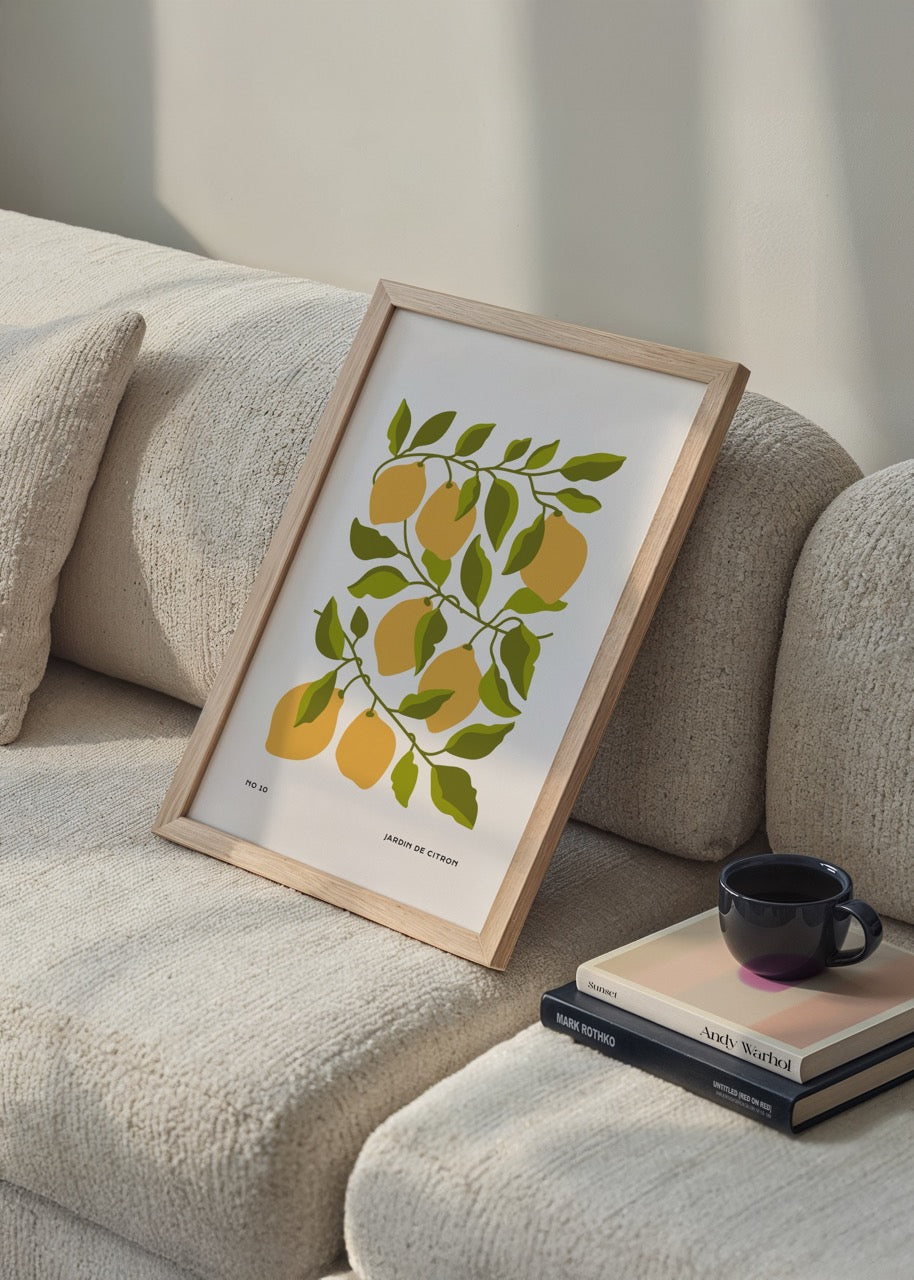 A vibrant lemon tree illustration with green leaves on a white background.
